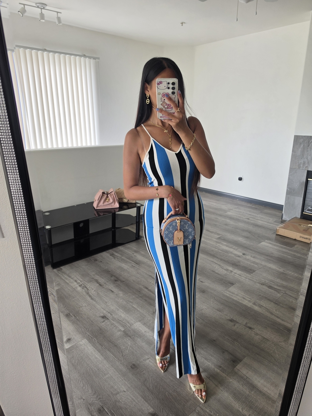 Striped Blue & White Maxi Slip Dress with Side Slit - Picture 5 of 13